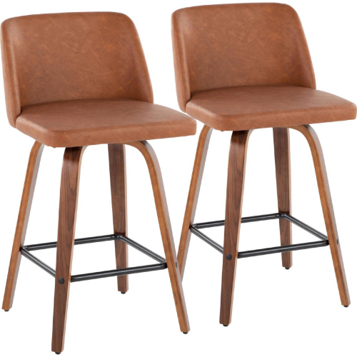 Toriano 26" Swivel Counter Stool in Walnut Wood & Camel Leatherette with Black Footrest (Set of 2)